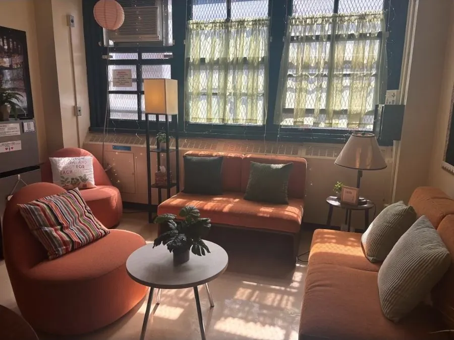 A sunny room furnished by Repurposed Life: orange sofas and curved lounge chairs, a round table with a plant, and floor lamps